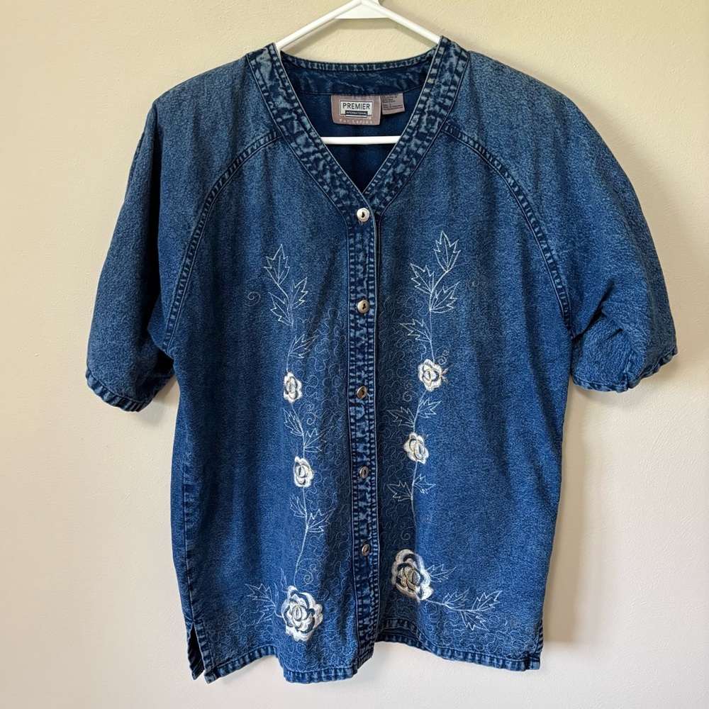 Vintage Denim Embroidered Button Down Top Premier International L